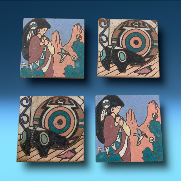 Lot 4 x Vintage 1994 Earthtones Coasters Art Tiles Native American Bear Totem